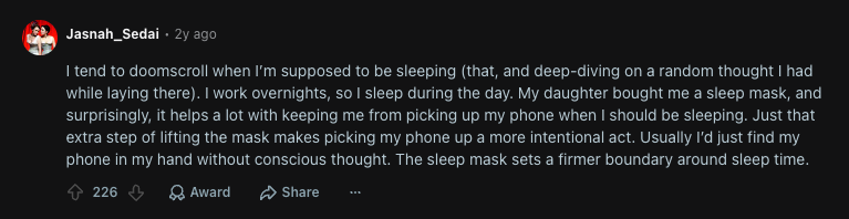 Screenshot of a Reddit comment about a sleep mask helping set a boundary around sleep time