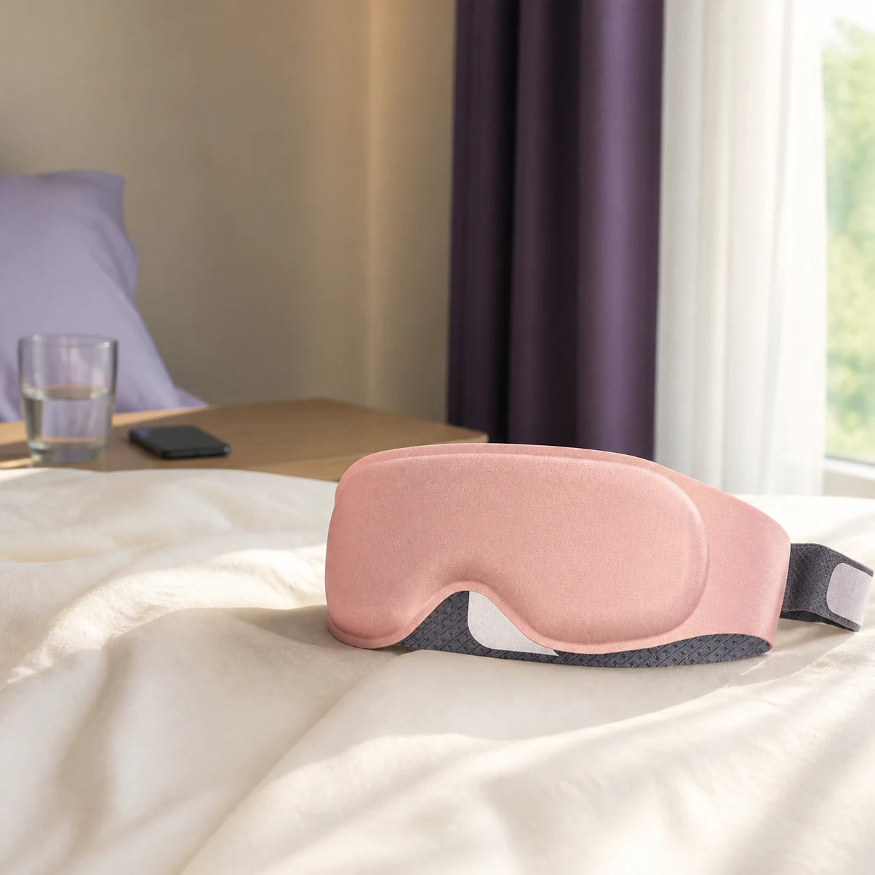 Pink DayBlock sleep mask on a sunlit bed